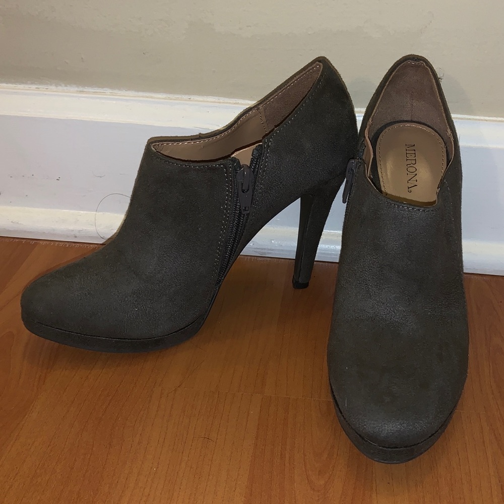 SOLD Merona Grey Suede Heeled Ankle Booties